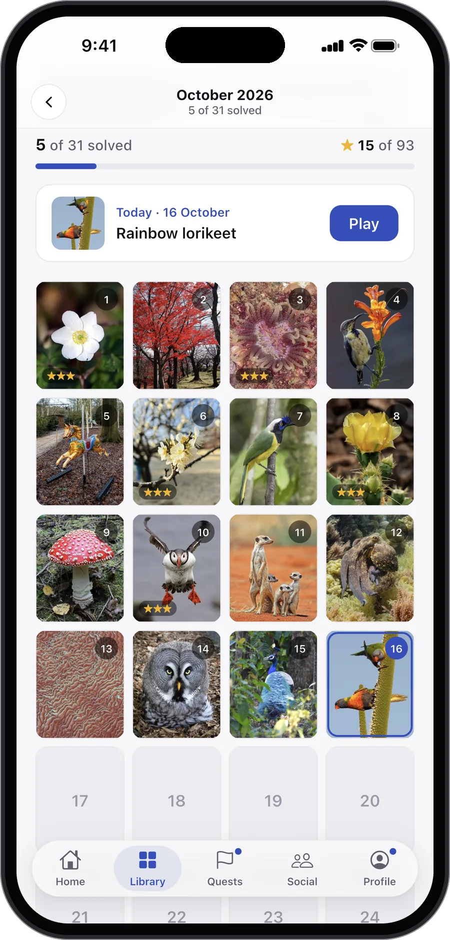 This month's daily pictures, with stars on the days already solved