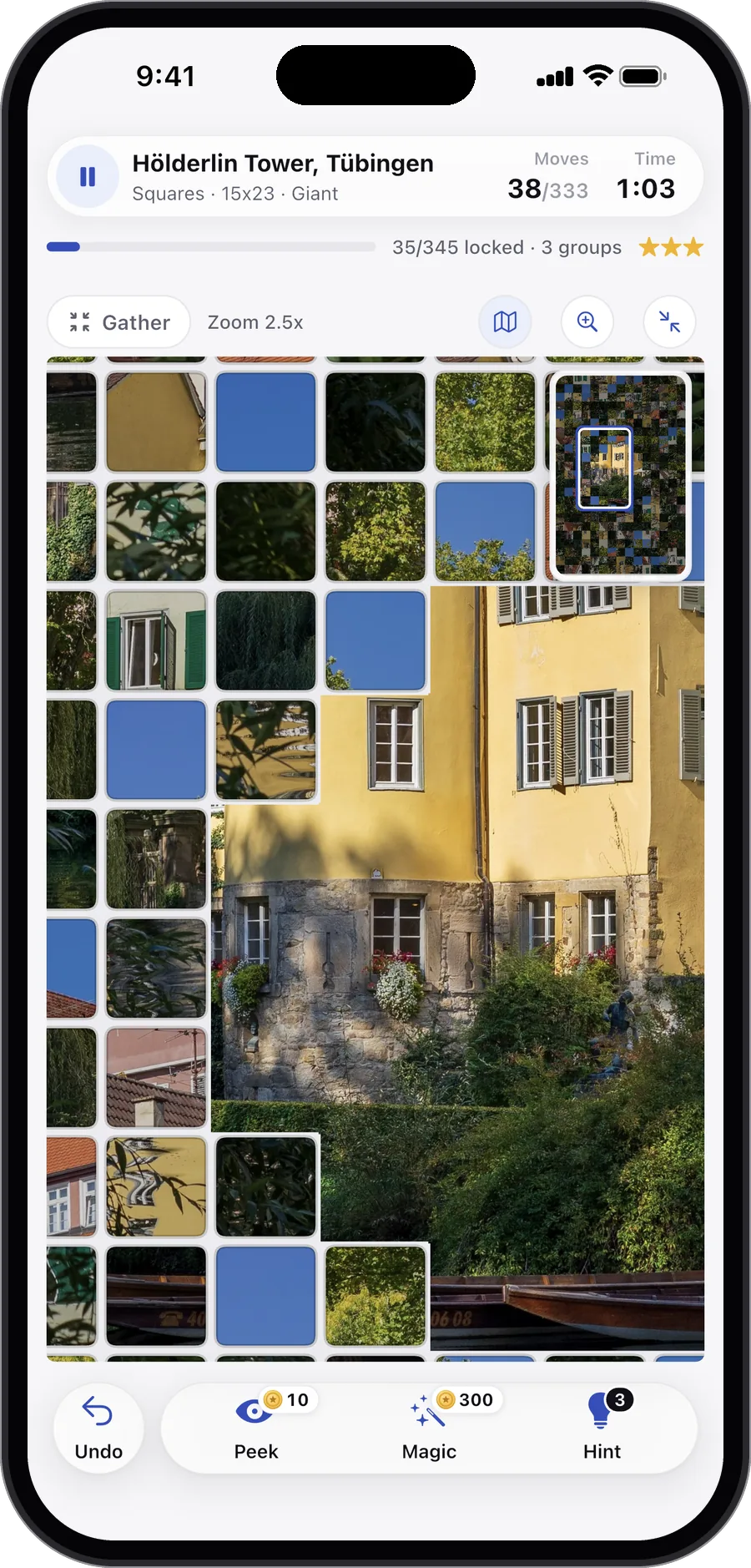 A giant board in the game, zoomed in on a window, with the map of the whole picture in the corner