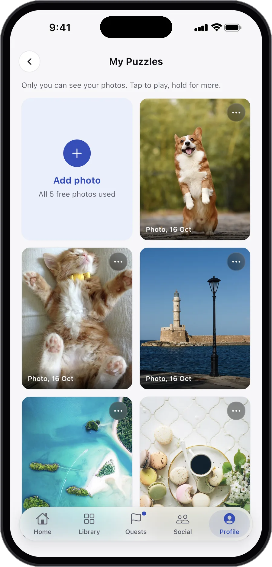 My Puzzles with five photos: a corgi, a kitten, a lighthouse, a lagoon and macarons