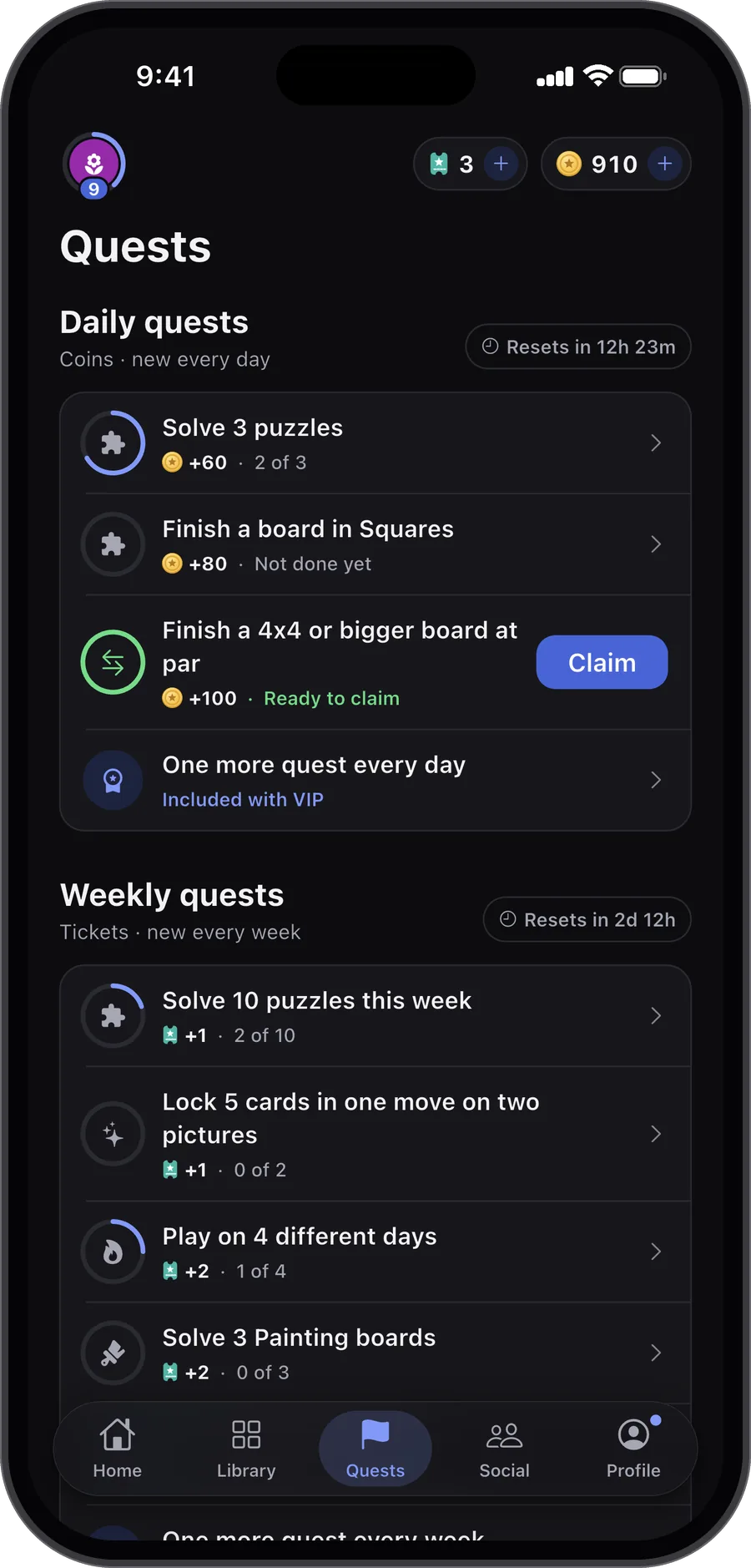 The Quests tab with daily quests and one ready to claim
